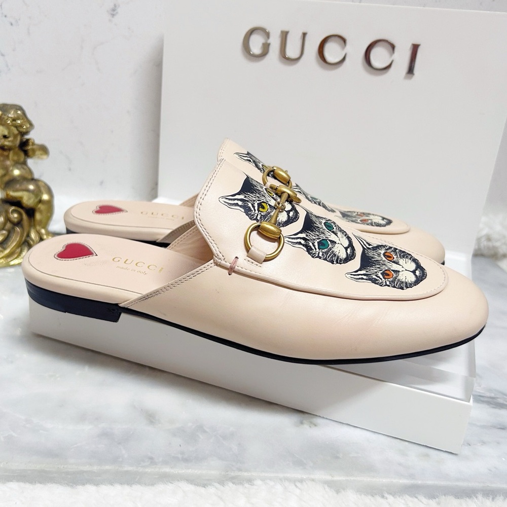 Authentic Gucci Cream / Pink Cat Embroidered Horsebit Leather Princetown Mules - Picture 4 of 14